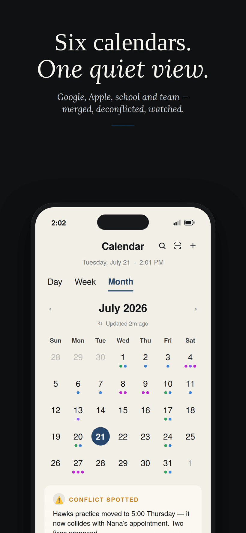 Six calendars merged into one quiet view